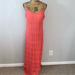 Bisou Bisou Coral Orange Lace Maxi Dress Adjustable Straps Size 16